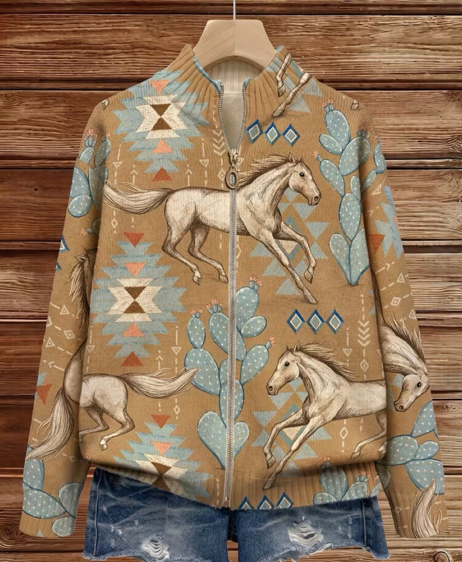 Women's knit zip-up jacket, tan fabric with horse-and-cactus southwestern pattern.