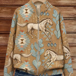 Women's knit zip-up jacket, tan fabric with horse-and-cactus southwestern pattern.