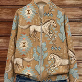 Women's knit zip-up jacket, tan fabric with horse-and-cactus southwestern pattern.