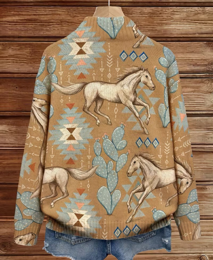 Women's knit zip-up jacket, tan with repeated horse and cactus motifs, ribbed hem.