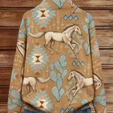 Women's knit zip-up jacket, tan with repeated horse and cactus motifs, ribbed hem.