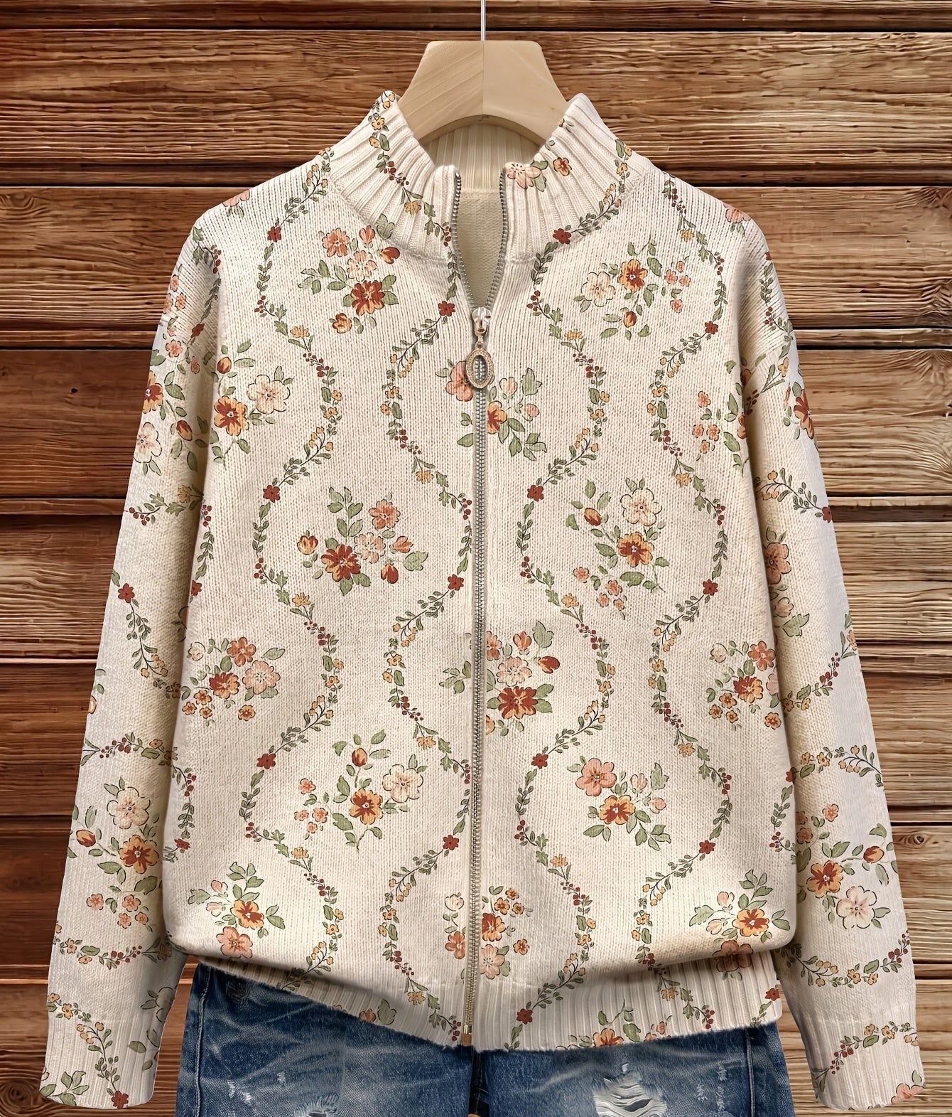 Women’s floral knit cardigan sweater, cream with rose and vine pattern, stand collar full zip