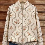 Women’s floral knit cardigan sweater, cream with rose and vine pattern, stand collar full zip