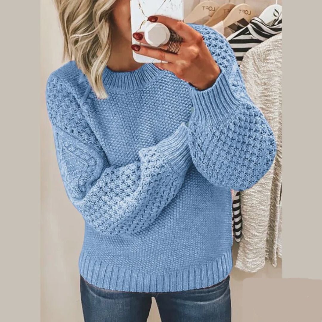 Soft knit pullover, light blue crewneck sweater with long sleeves and ribbed cuffs