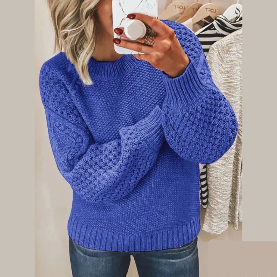 Soft knit pullover, royal blue crewneck sweater with long sleeves and ribbed cuffs