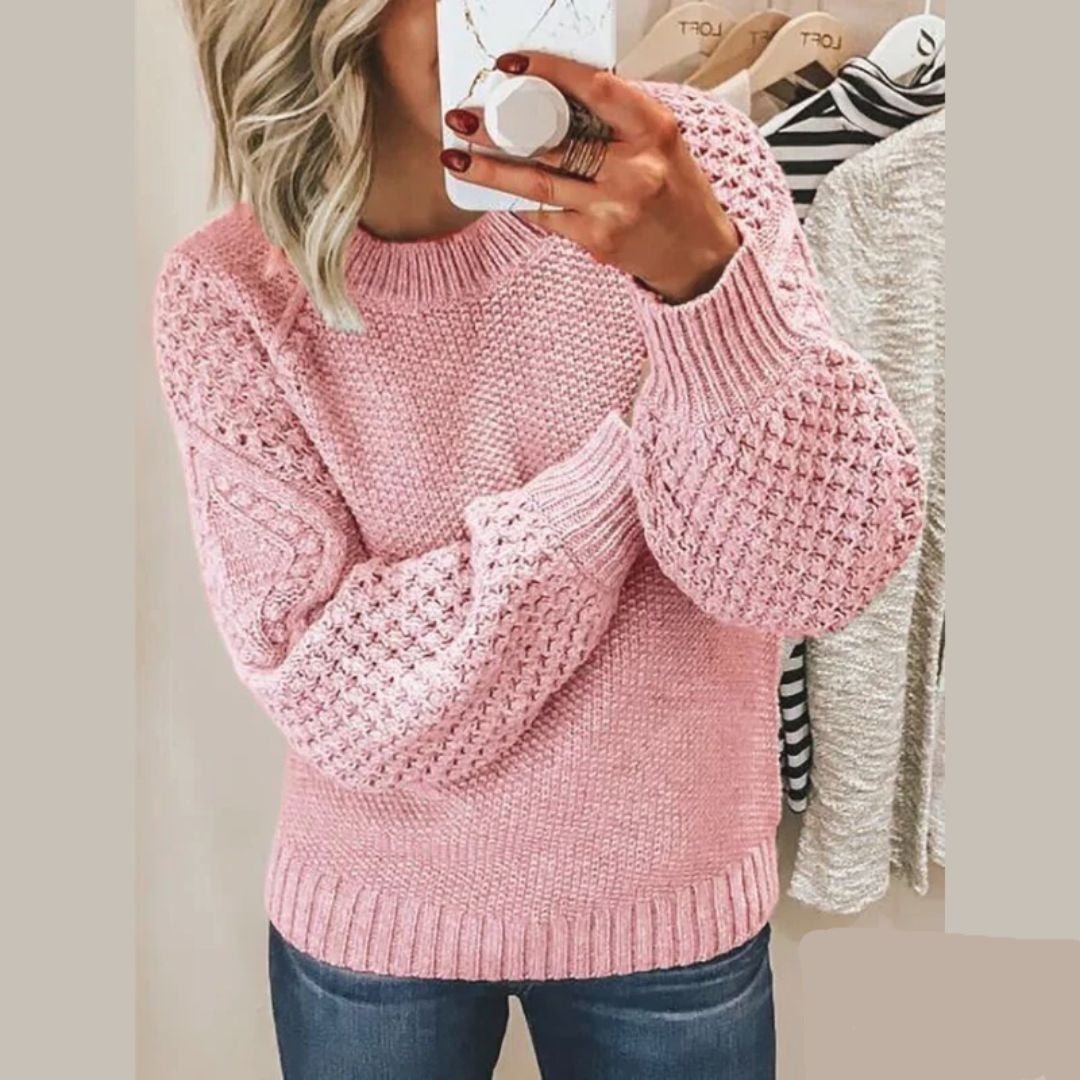 Soft knit pullover, pink crewneck sweater with long sleeves and ribbed cuffs