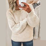 Soft knit pullover, off-white crewneck sweater with long sleeves and ribbed cuffs