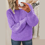 Soft knit pullover, purple crewneck sweater with long sleeves and ribbed cuffs