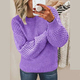 Soft knit pullover, purple crewneck sweater with long sleeves and ribbed cuffs