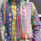 Colorful knit turtleneck pullover with front zipper, patterned multicolor