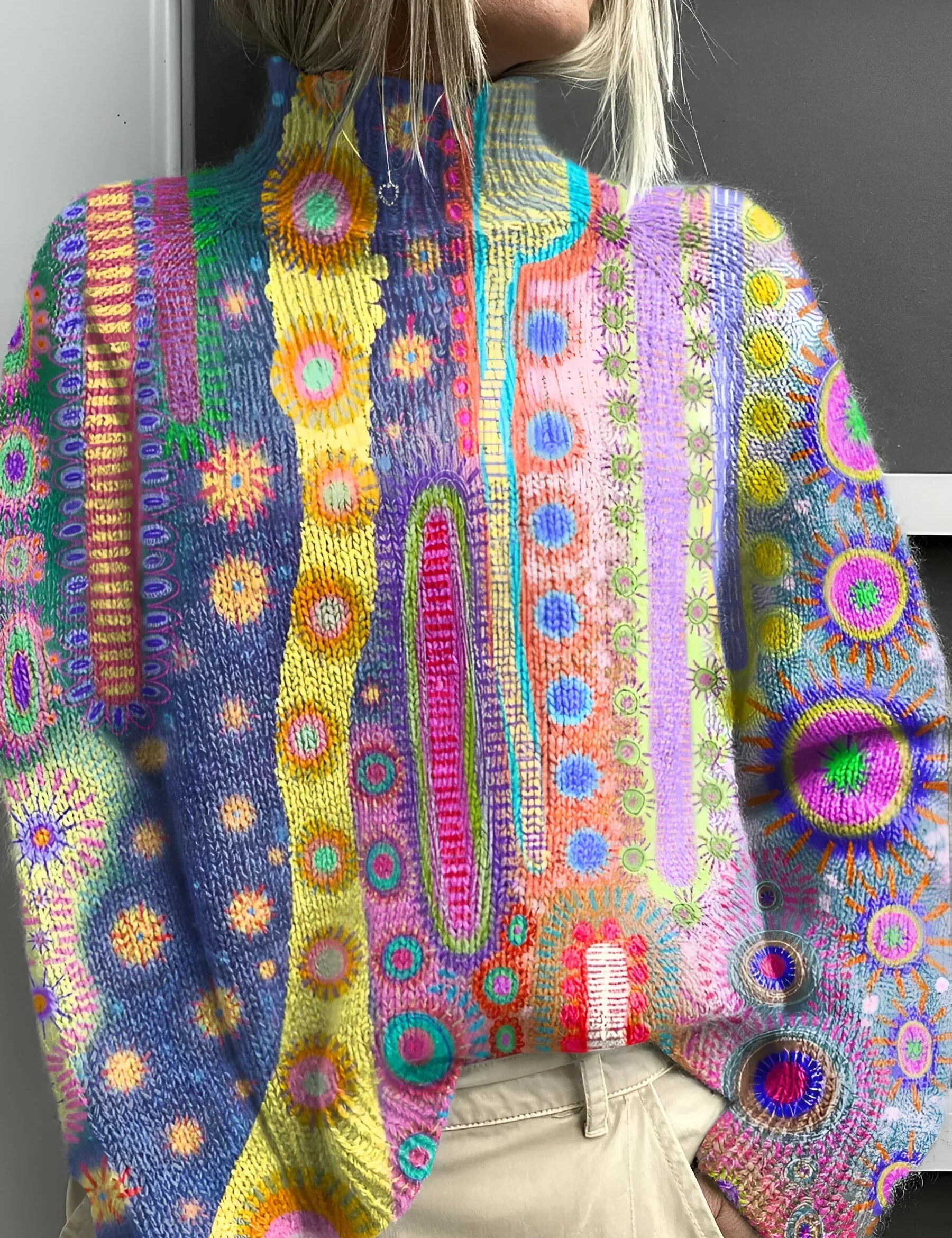Colorful knit turtleneck pullover with front zipper, patterned multicolor