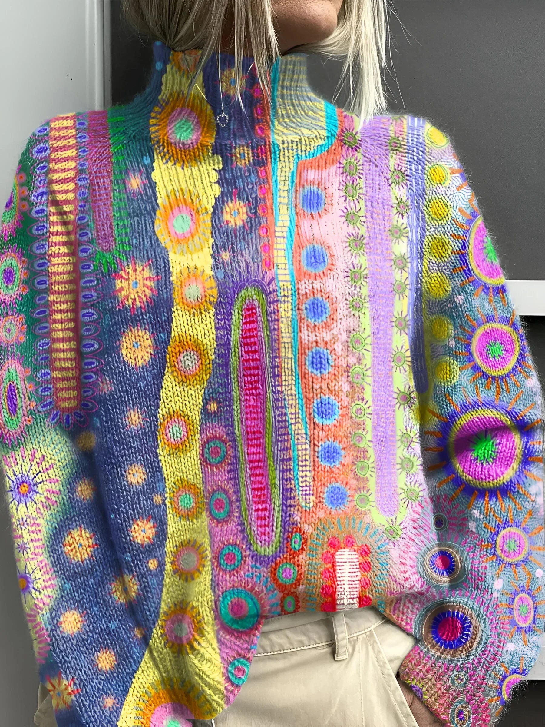 Colorful knit turtleneck pullover with front zipper, patterned multicolor
