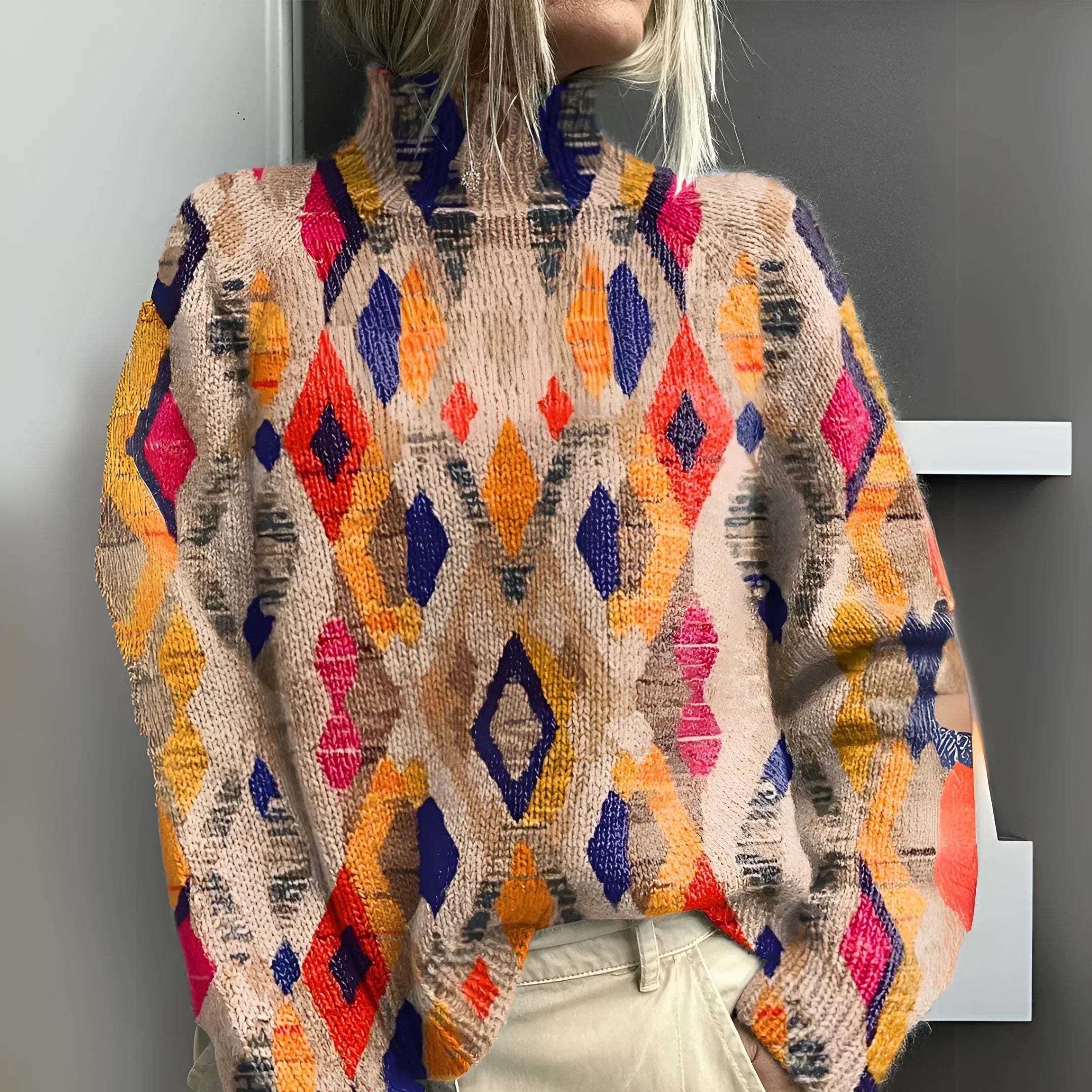 Fenna geometric diamond knit pullover with multicolor pattern