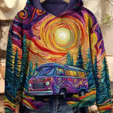 Retro roadtrip hoodie with multicolor psychedelic print, hood and front pouch, camper van and trees