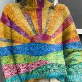 Noortje multicolor striped turtleneck knit sweater with bold rainbow panel design