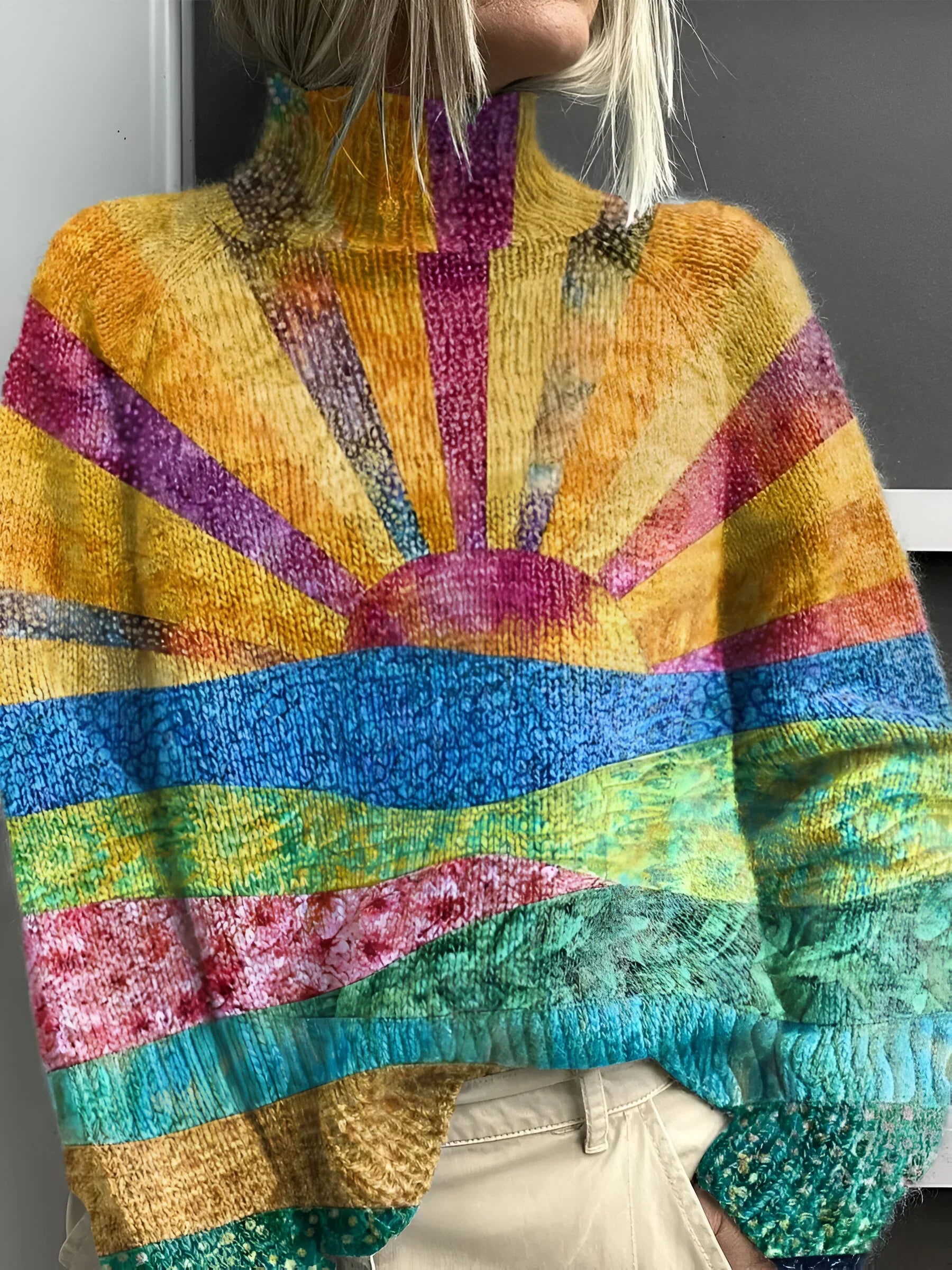 Noortje multicolor striped turtleneck knit sweater with bold rainbow panel design