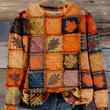 Evelien patchwork sweater with long sleeves and crew neck, multicolor knit in orange tones