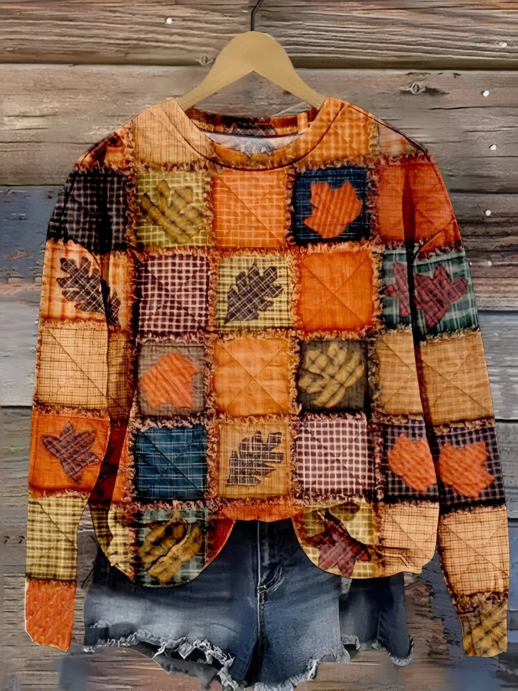 Evelien patchwork sweater with long sleeves and crew neck, multicolor knit in orange tones