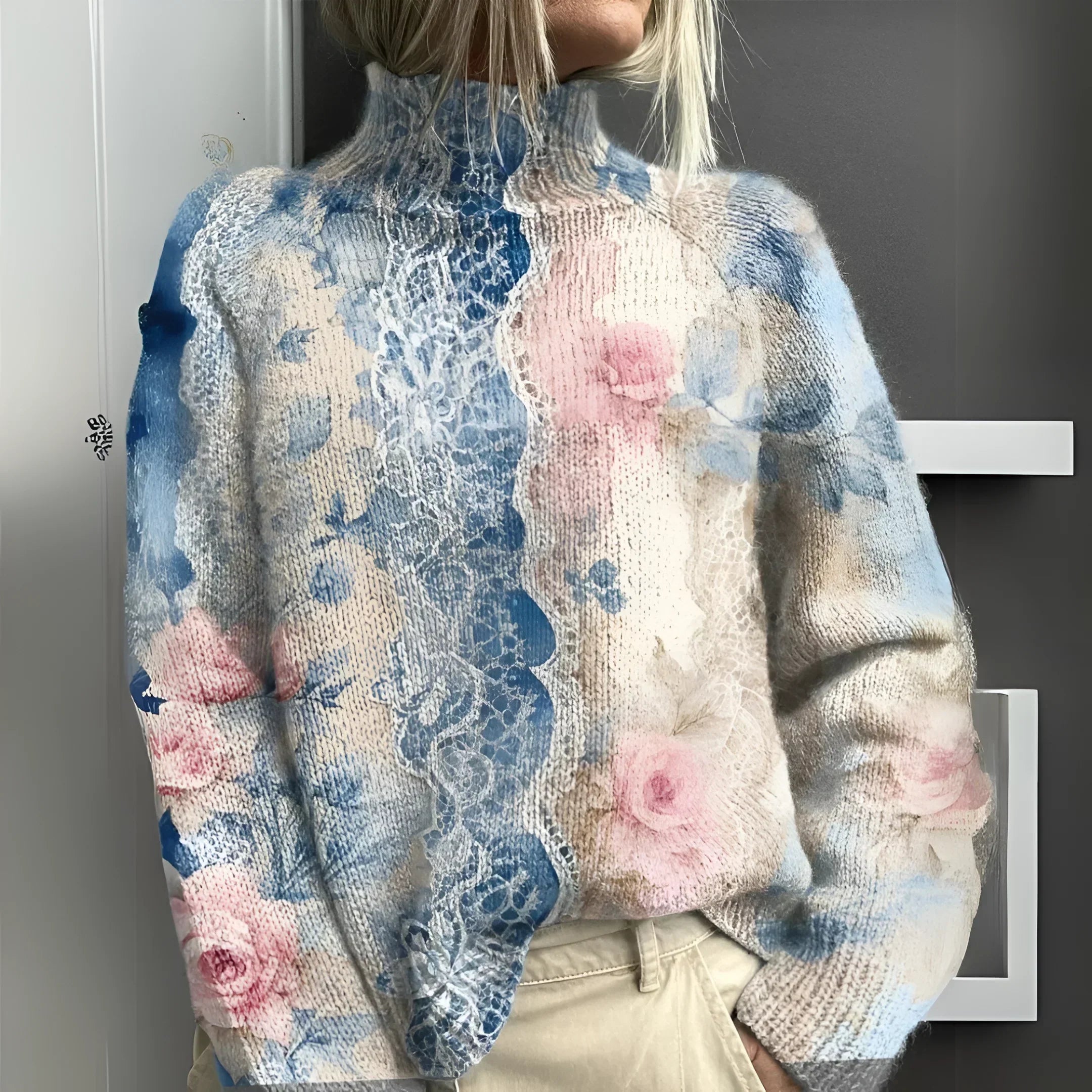 Warm knitted turtleneck sweater with blue and pink abstract floral pattern