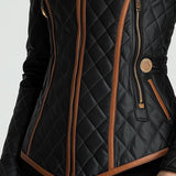 Black quilted padded jacket detail with front zipper pocket and tan contrast trim
