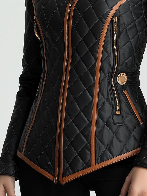 Black quilted padded jacket detail with front zipper pocket and tan contrast trim