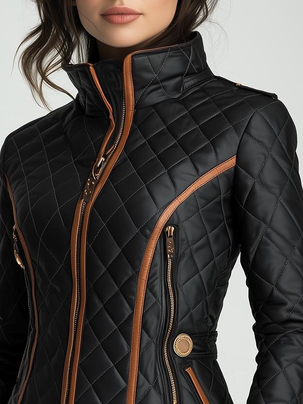 Black quilted padded jacket close-up with stand collar, front zipper and tan piping
