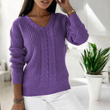 Purple classic knit sweater with V-neck and textured cable pattern, 3/4 sleeves