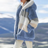 Keithy color-block sherpa jacket with blue and cream paneling, zip-front hood