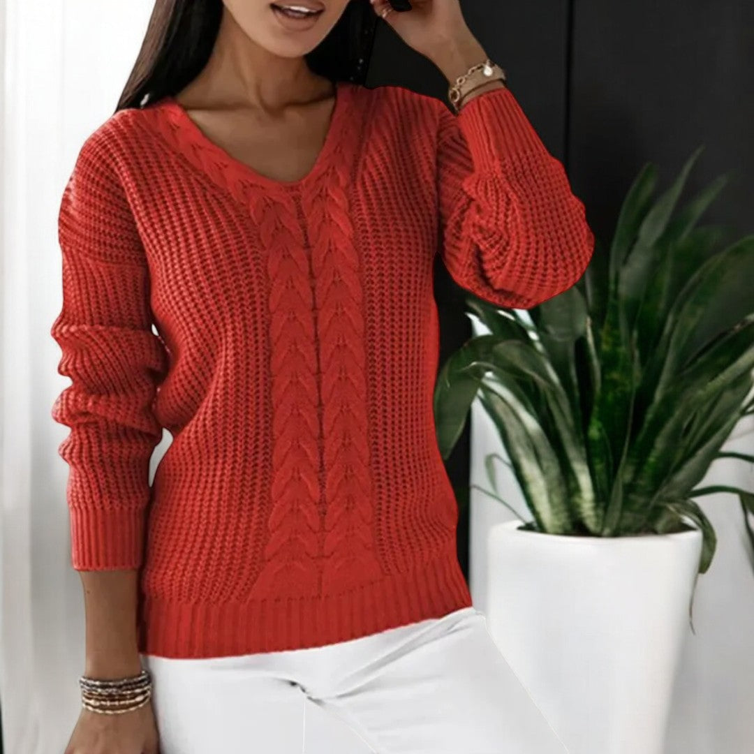 Red classic knit sweater with V-neck and textured cable pattern, 3/4 sleeves