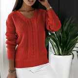 Red classic knit sweater with V-neck and textured cable pattern, 3/4 sleeves