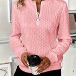 Women\u2019s half-zip cable-knit pullover sweater in pink with long sleeves