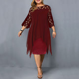 Plus-size midi dress, dark red wine with sheer lace sleeves and cutout neck