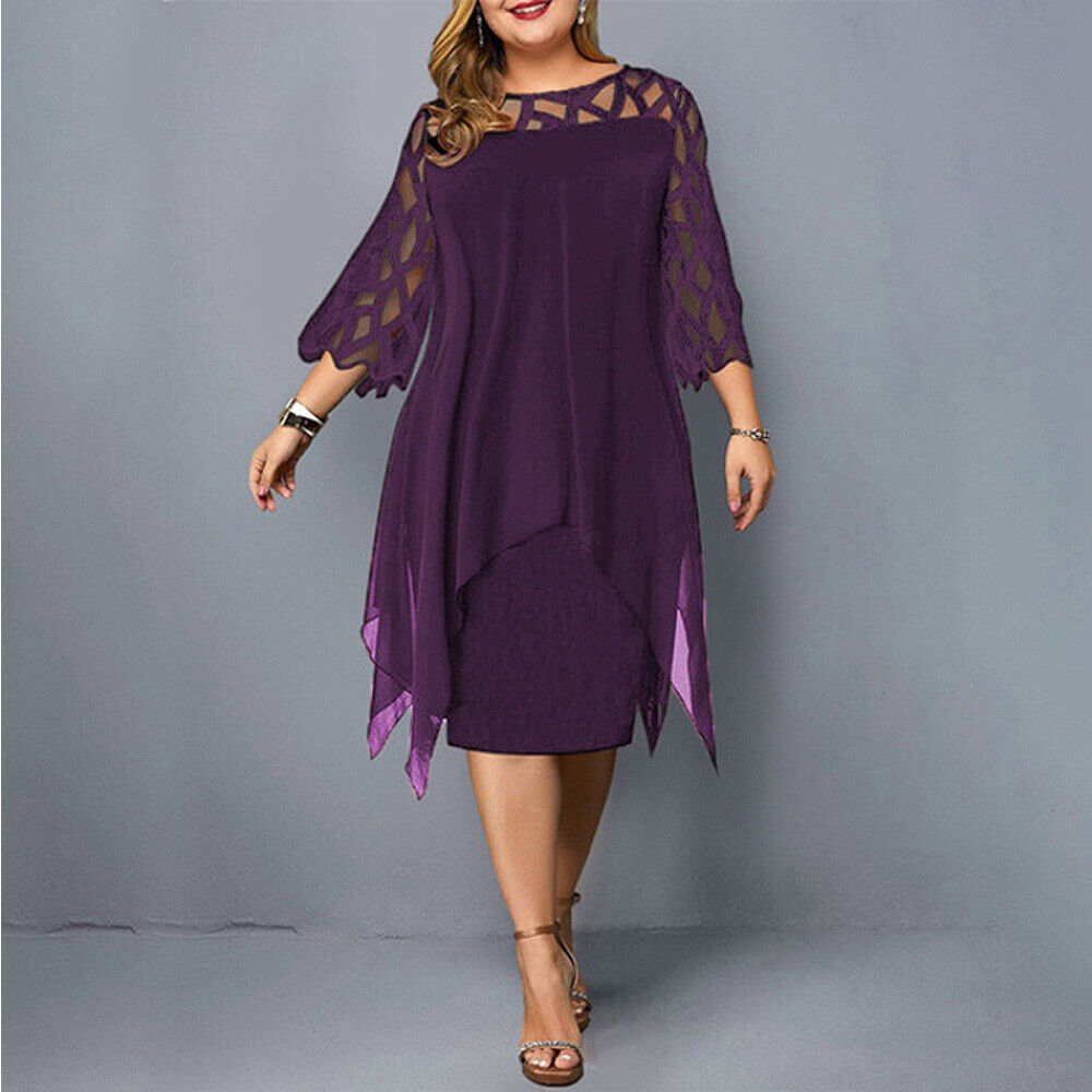 Plus-size midi dress, purple with sheer lace sleeves and cutout neck