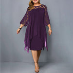 Plus-size midi dress, purple with sheer lace sleeves and cutout neck