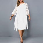 Plus-size midi dress, white with sheer lace sleeves and cutout neckline