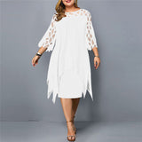 Plus-size midi dress, white with sheer lace sleeves and cutout neckline