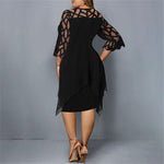 Plus-size midi dress, black with sheer lace sleeves and draped back panel