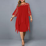 Plus-size midi dress, red with sheer lace sleeves and cutout neckline