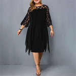Plus-size midi dress, black with sheer lace sleeves and cutout neckline