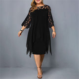 Plus-size midi dress, black with sheer lace sleeves and cutout neckline
