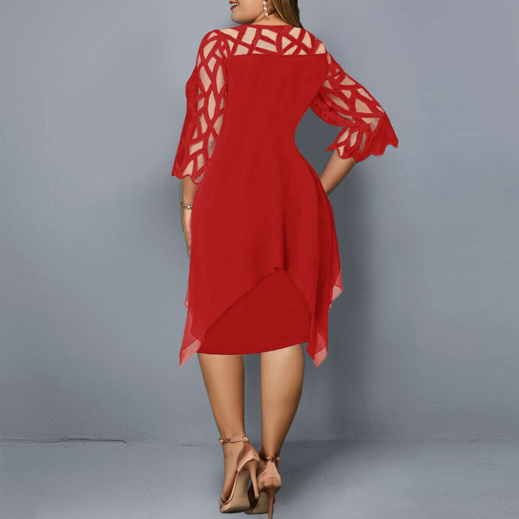 Plus-size midi dress, red with sheer lace sleeves and flowing back drape