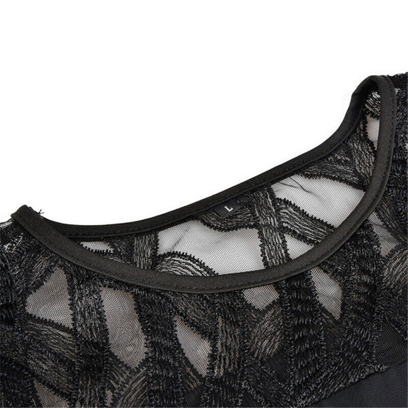 Black lace dress neckline with round cutout and sheer mesh trim