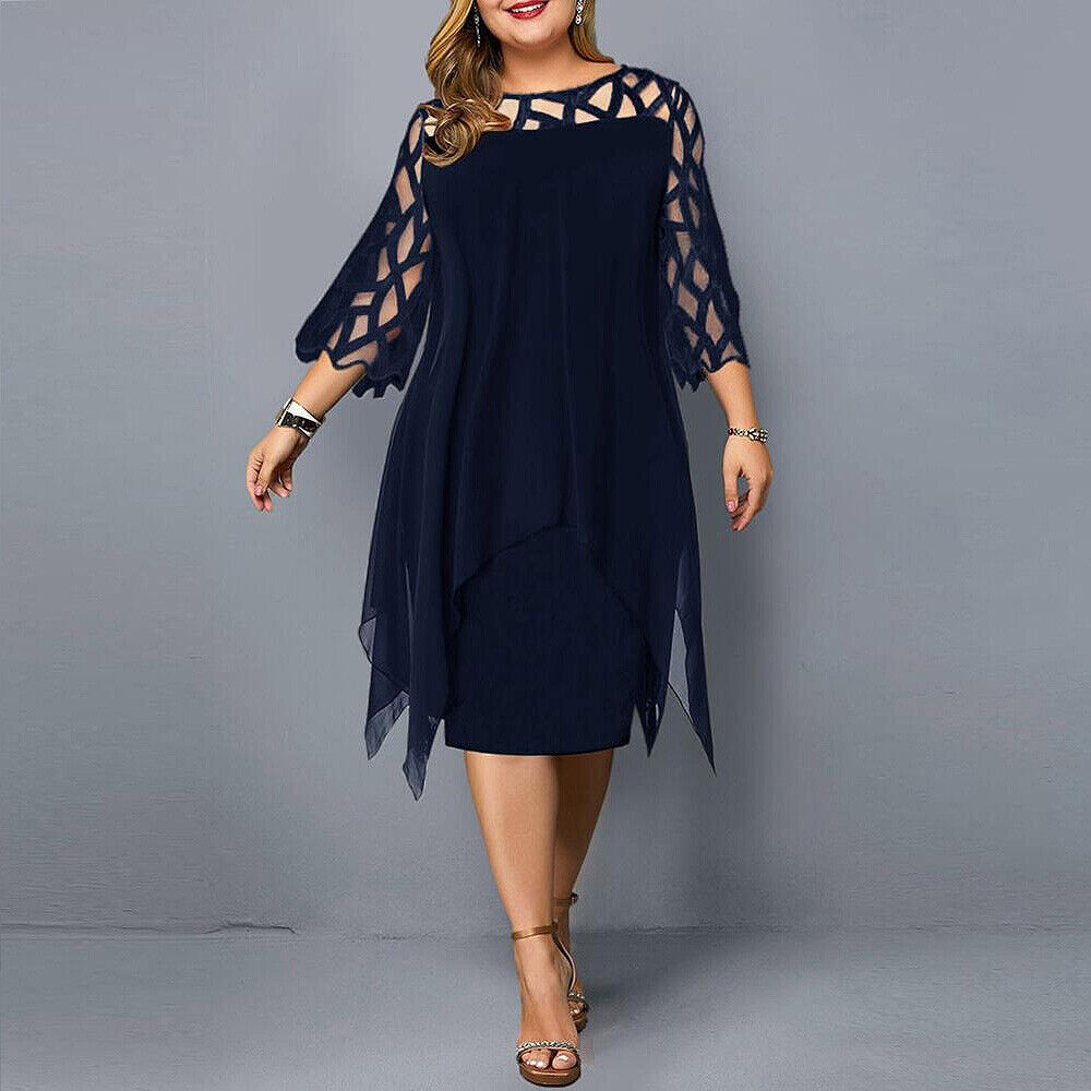 Plus-size midi dress, deep blue with sheer lace sleeves and keyhole neck