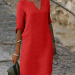 Josette V-neck midi dress in red with three-quarter sleeves