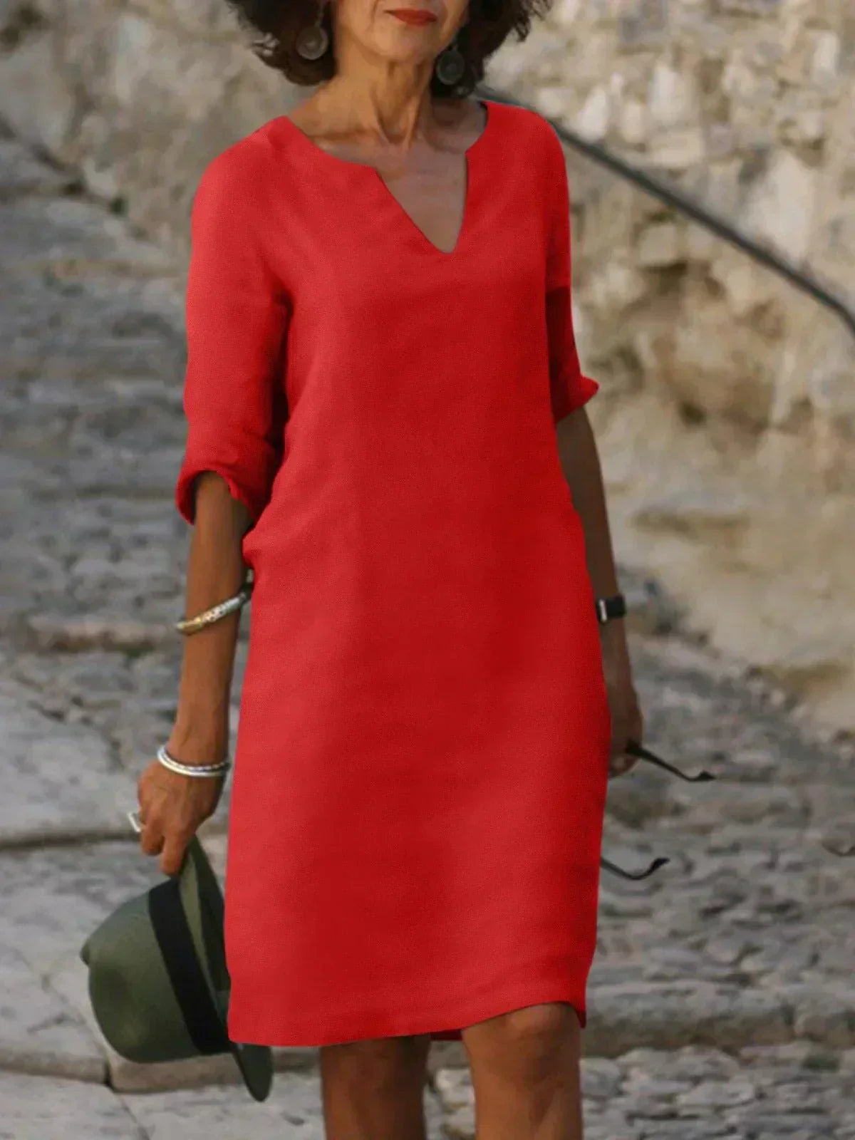 Josette V-neck midi dress in red with three-quarter sleeves