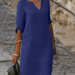 Josette V-neck midi dress in navy blue with three-quarter sleeves