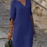Josette V-neck midi dress in navy blue with three-quarter sleeves