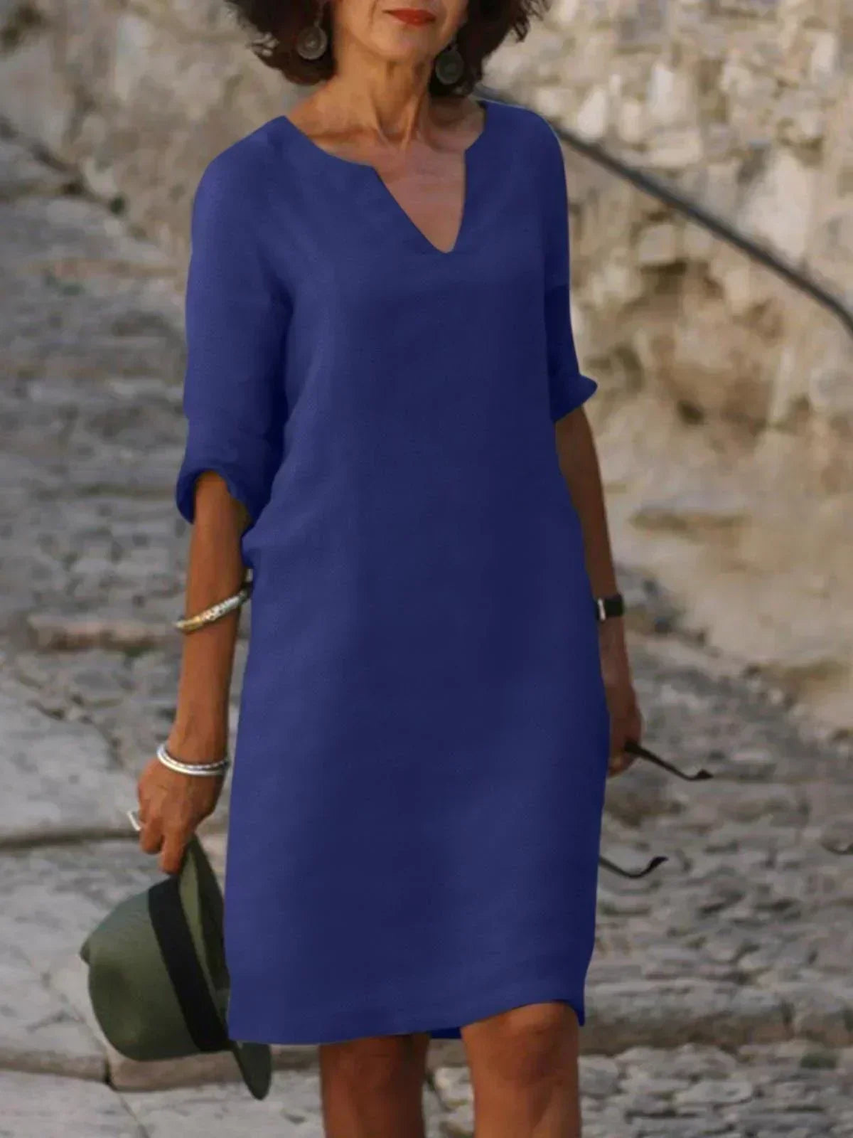 Josette V-neck midi dress in navy blue with three-quarter sleeves