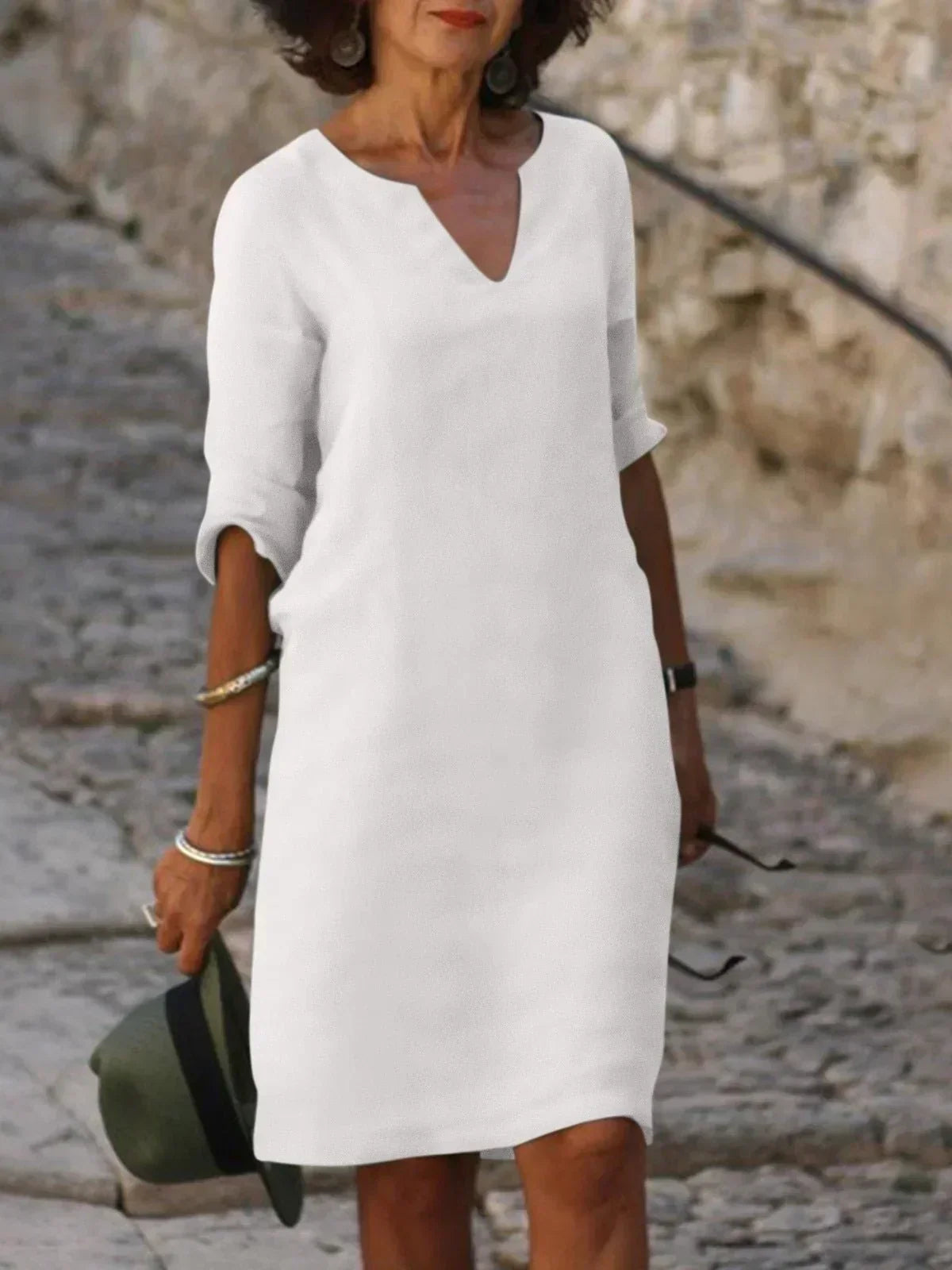 Josette V-neck midi dress in white with three-quarter sleeves