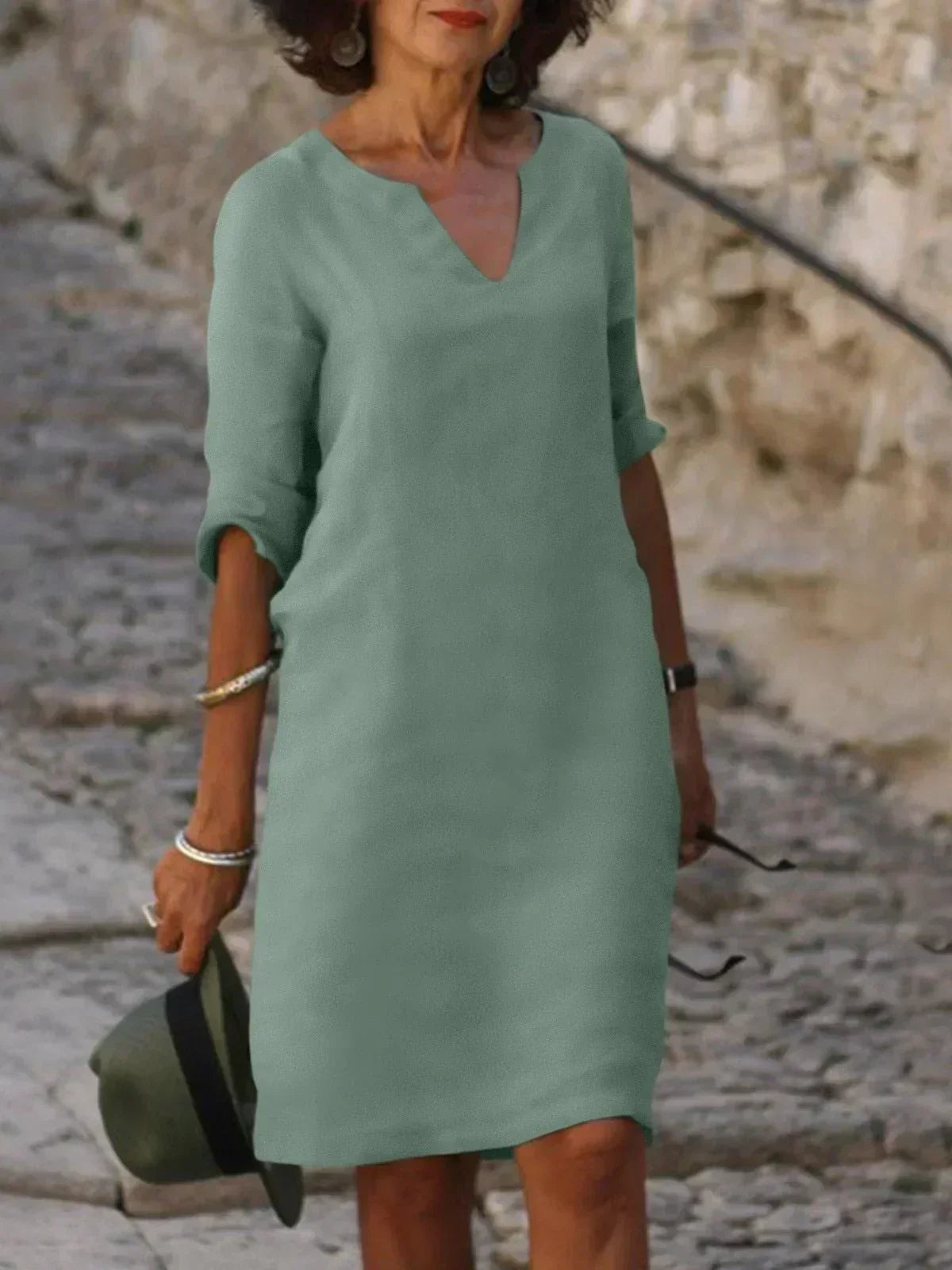 Josette V-neck midi dress in mint green with three-quarter sleeves
